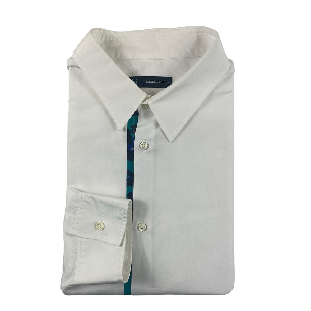 DSQUARED2 White Twill Cotton Blue Purple Camo Button Plaquet Shirt Size 56